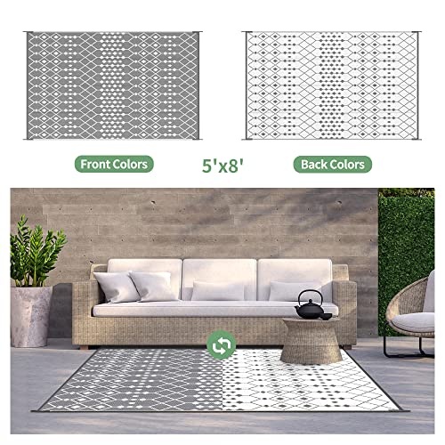 GENIMO Outdoor Rug for Patio Clearance, 5'x8'Waterproof Reversible Outside Outdoor Decor, Area Boho Rug, Plastic Straw Mat for RV, Deck, Patio, Camping, Picnic, Porch, Camper, Grey&White