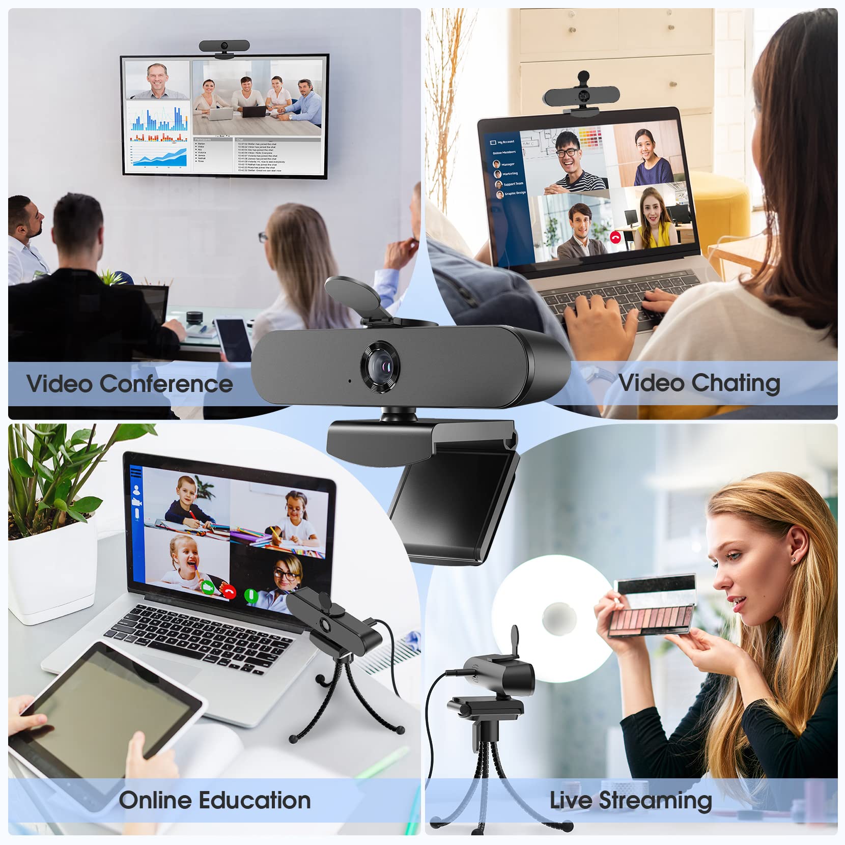 1080P Streaming Webcam with 4 Microphones, Advanced Autofocus, Privacy Shutter and Tripod - Perfect for PC, Laptop and Desktop Computer, with Noise Reduction and Super Stereo Mic