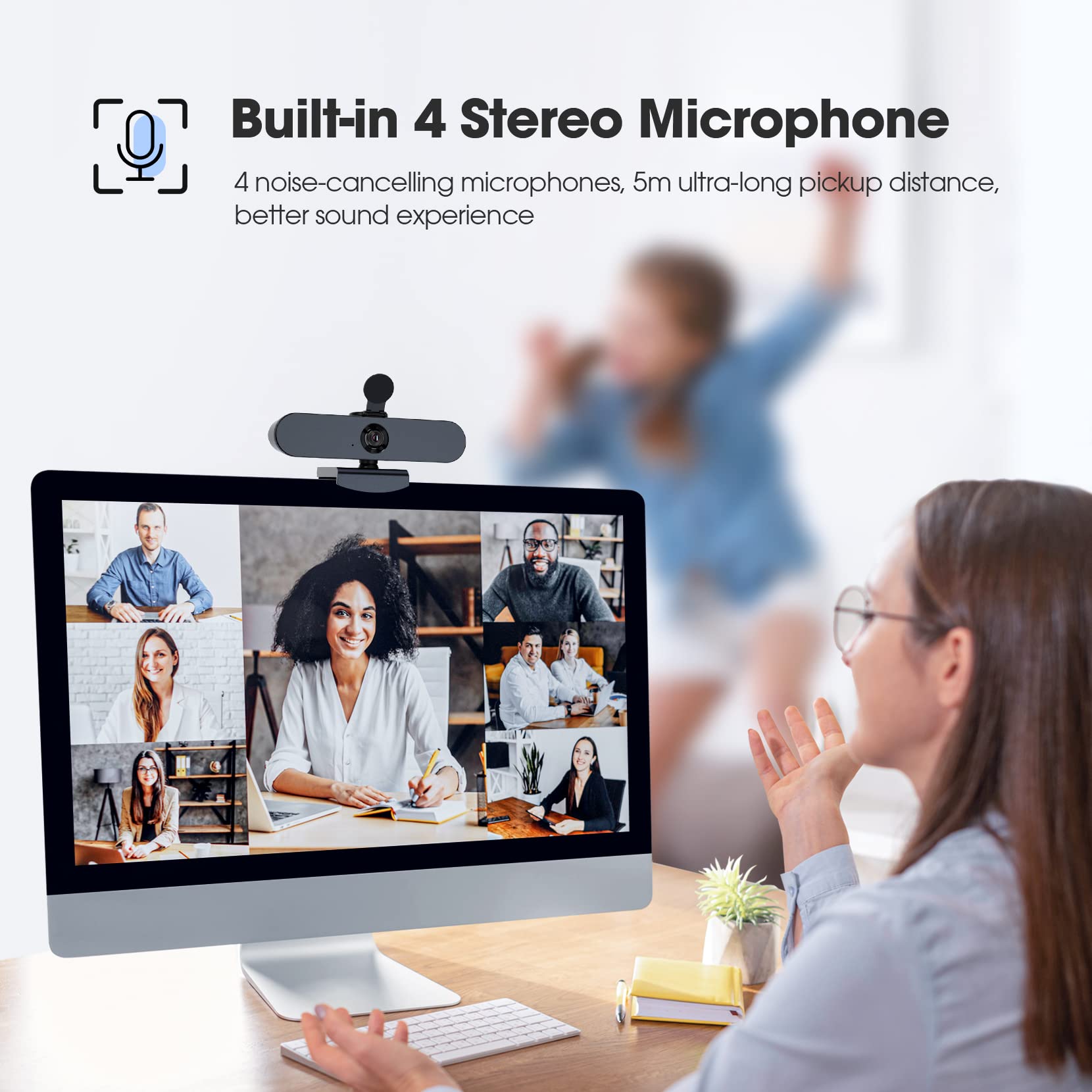 1080P Streaming Webcam with 4 Microphones, Advanced Autofocus, Privacy Shutter and Tripod - Perfect for PC, Laptop and Desktop Computer, with Noise Reduction and Super Stereo Mic