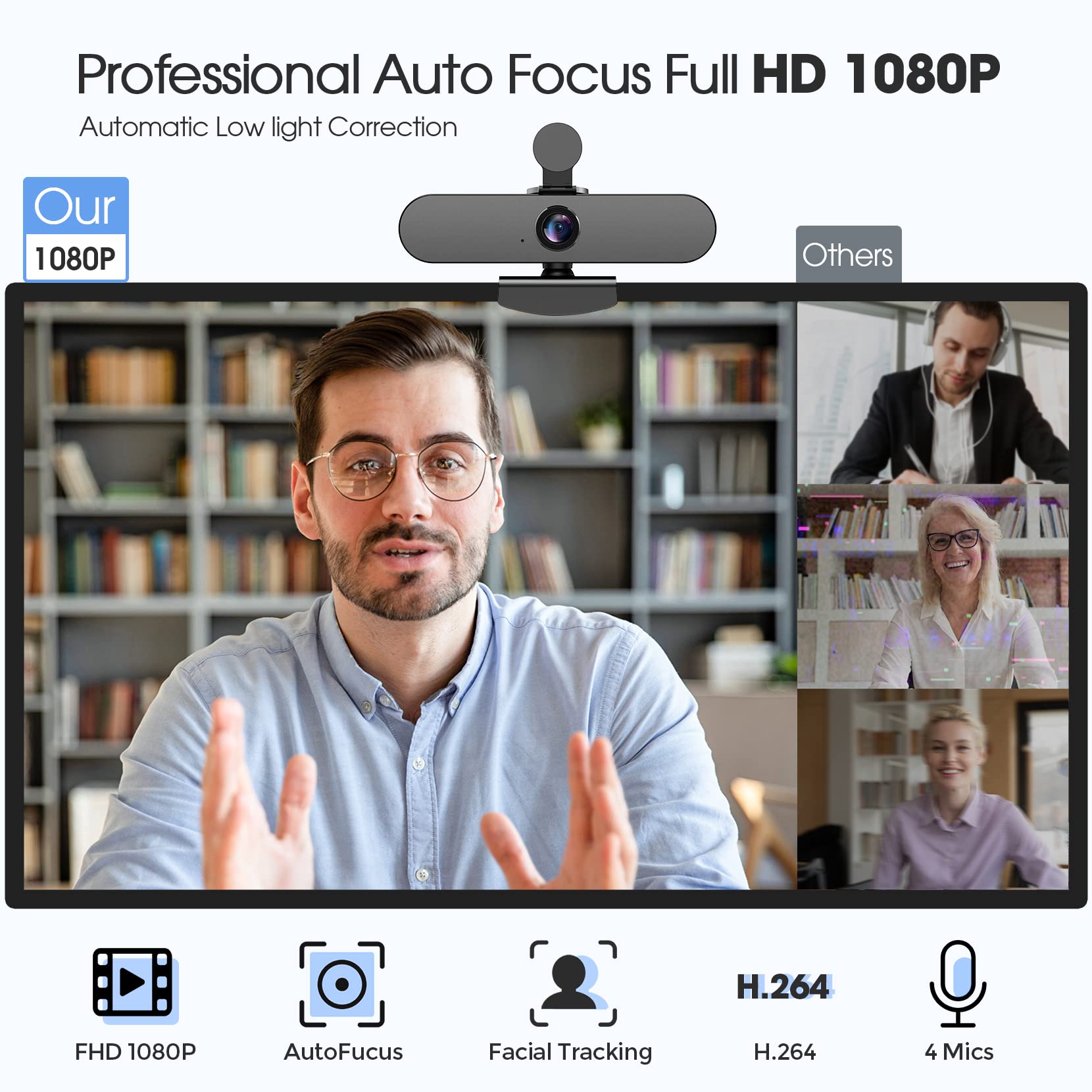 1080P Streaming Webcam with 4 Microphones, Advanced Autofocus, Privacy Shutter and Tripod - Perfect for PC, Laptop and Desktop Computer, with Noise Reduction and Super Stereo Mic