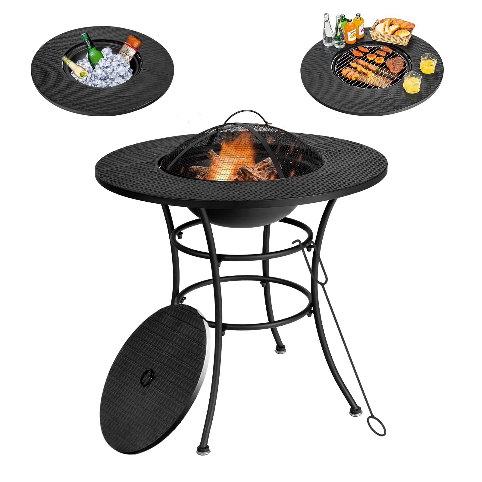 Tangkula 32 Inch Outdoor Fire Pit Dining Table, 4-in-1 Round Wood Burning Fire Pit Bowl, Patio Steel Firepit for BBQ, Bonfire, Camping, Includes Fire Poker, Cover, Grill, Log Grate, Spark Screen Cover