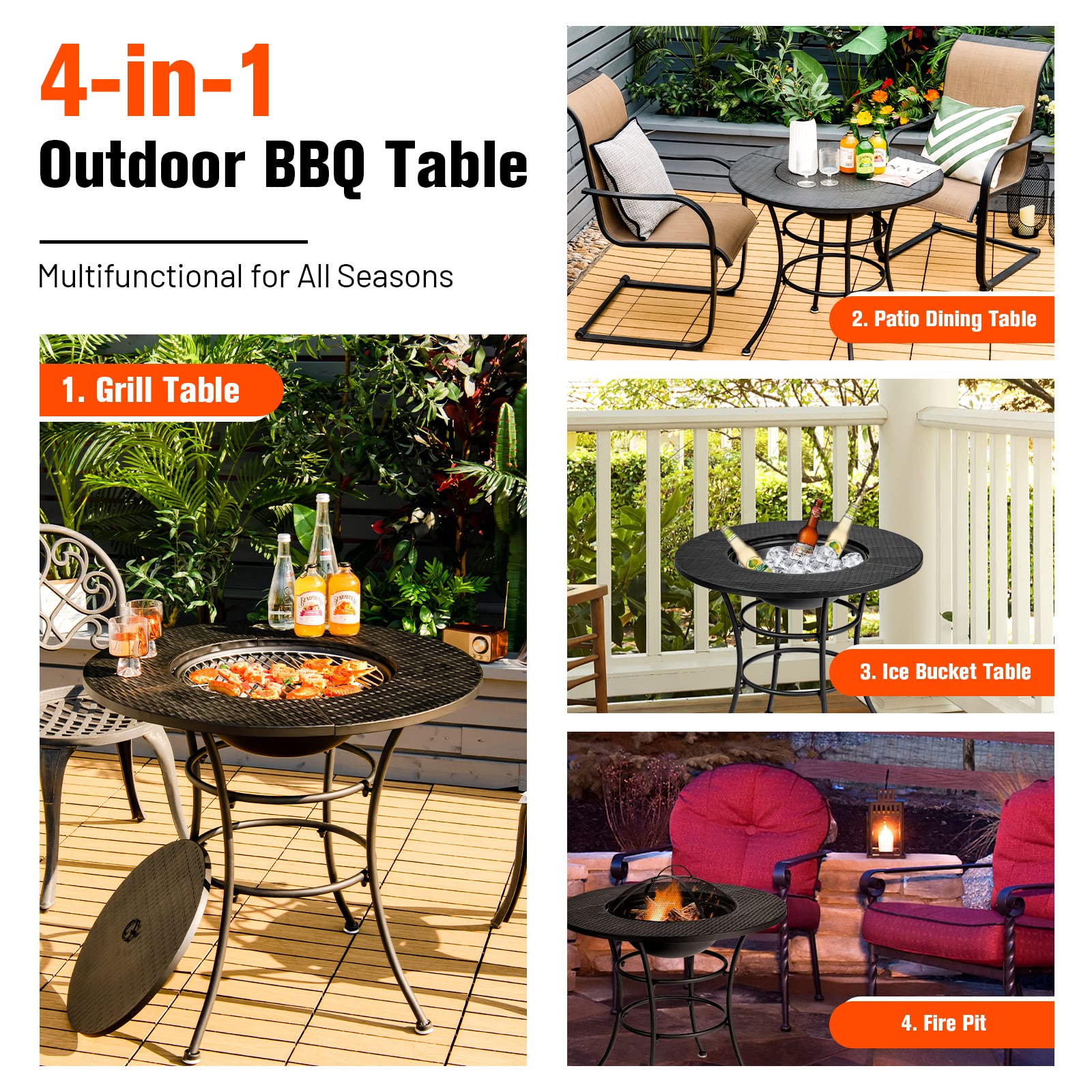 Tangkula 32 Inch Outdoor Fire Pit Dining Table, 4-in-1 Round Wood Burning Fire Pit Bowl, Patio Steel Firepit for BBQ, Bonfire, Camping, Includes Fire Poker, Cover, Grill, Log Grate, Spark Screen Cover