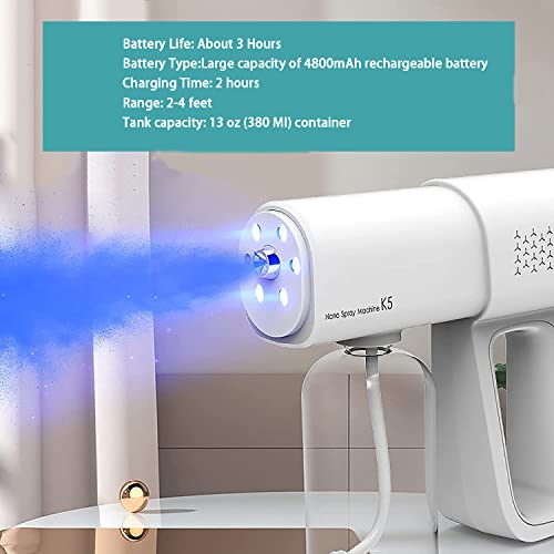 Professional Disinfectant Fogger Machine, 380ml Wireless Nano Sprayer Gun Handheld Sanitizer Fogger, Blue Light Foggers for Touchless Sanitization (White)