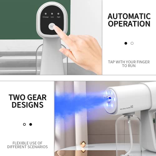 Professional Disinfectant Fogger Machine, 380ml Wireless Nano Sprayer Gun Handheld Sanitizer Fogger, Blue Light Foggers for Touchless Sanitization (White)