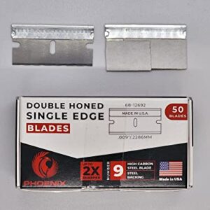 PHOENIX 68-12692 Box of 50 Heavy Duty Single Edge Razor Blades - (#9 High Carbon Steel Blade, Steel Backing) Made In USA, Box Cutter Blades