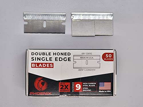 PHOENIX 68-12692 Box of 50 Heavy Duty Single Edge Razor Blades - (#9 High Carbon Steel Blade, Steel Backing) Made In USA, Box Cutter Blades