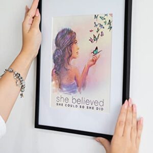 Inspirational 'She Believed She Could So She Did' Wall Art Poster Unframed, Positive Quotes Motivational Wall Decor for Women, Inspiring Girl & Butterflies Bedroom Wall Posters by Briteside Vibes