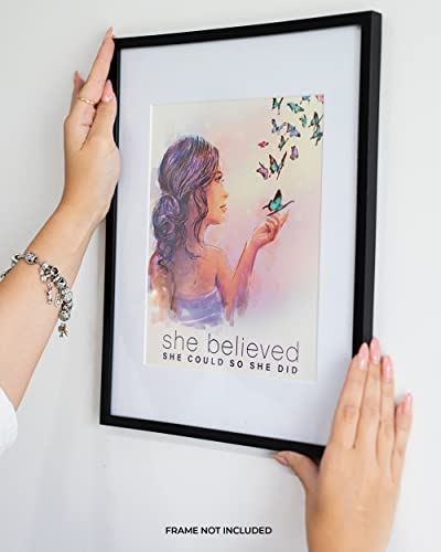 Inspirational 'She Believed She Could So She Did' Wall Art Poster Unframed, Positive Quotes Motivational Wall Decor for Women, Inspiring Girl & Butterflies Bedroom Wall Posters by Briteside Vibes