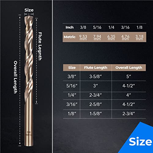 AugTouf 5/16" inch Tri-Blade Tip Cobalt Drill Bits(5Pcs), M35 High Speed Steel Jobber Length Twist Drill Bit Set for Hardened Metal, Stainless Steel and Cast Iron