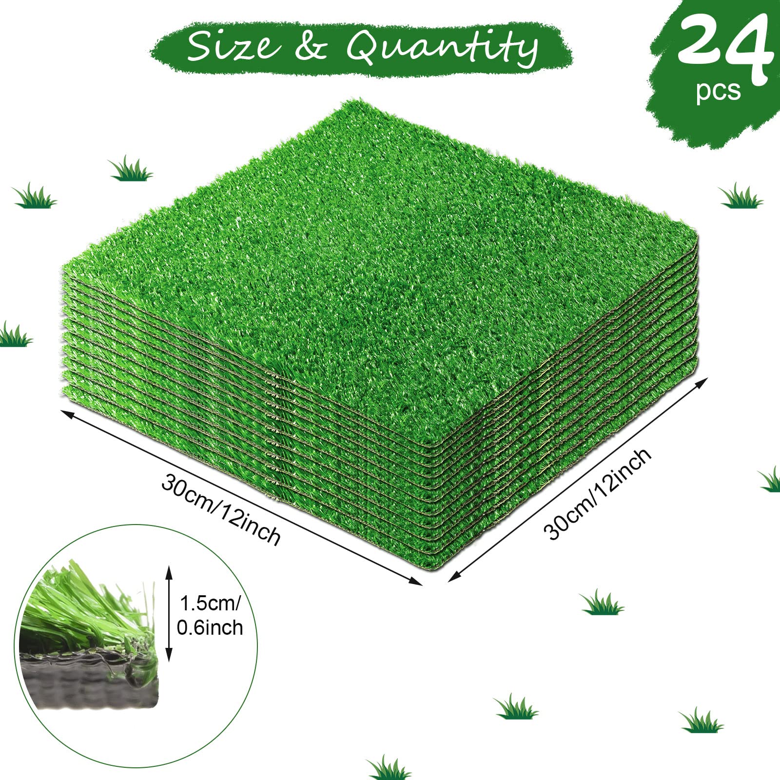 24 Pieces Synthetic Artificial Grass Turf Grass Square Shaped Mat 12 x 12 Inch Garden Grass Tiles Fake Grass Patches DIY Grass Decoration Miniature Grass for Craft Dogs Indoor Outdoor Lawn Decoration