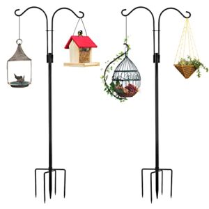 lolost 60 inch tall shepherd hooks with 5-forked base, adjustable heavy duty bird feeder pole stand hanger, shepards hooks for outdoor suitable for light solar lantern mason jar wedding,2 pack