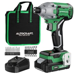 altocraft brushless cordless impact driver 20v max,1/4”compact power electric driver kit w/3 variable speed 3300rpm,2400 in-lbs,battery & fast charger,10pcs screwdriver bits,14pcs sockets and tool bag