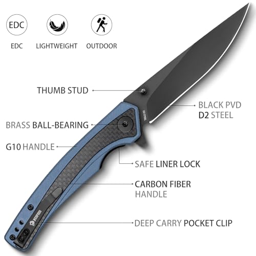 NedFoss DOLPHIN Pocket Knife for Men, D2 Steel Black PVD Blade Folding Knife with Carbon-Fiber Insert G10 Handle, Brass Ball Bearing Pivot Opening, Pocket Clip for EDC