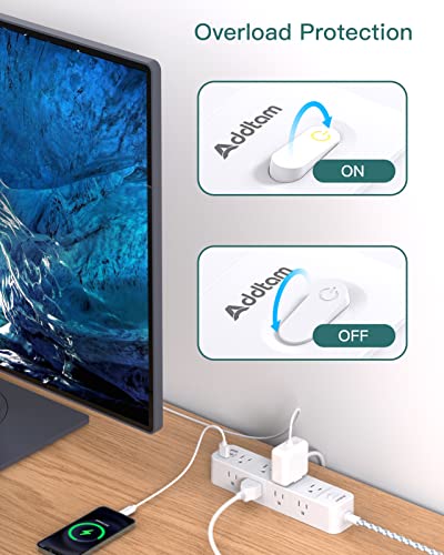 Addtam Surge Protector Power Strip, 12 Outlets with 3 USB Ports, Outlet Extender Strip with 5Ft Extension Cord, Flat Plug, Wall Mount for Dorm Home Office Supplies, ETL Listed