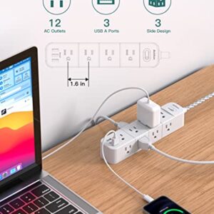 Addtam Surge Protector Power Strip, 12 Outlets with 3 USB Ports, Outlet Extender Strip with 5Ft Extension Cord, Flat Plug, Wall Mount for Dorm Home Office Supplies, ETL Listed