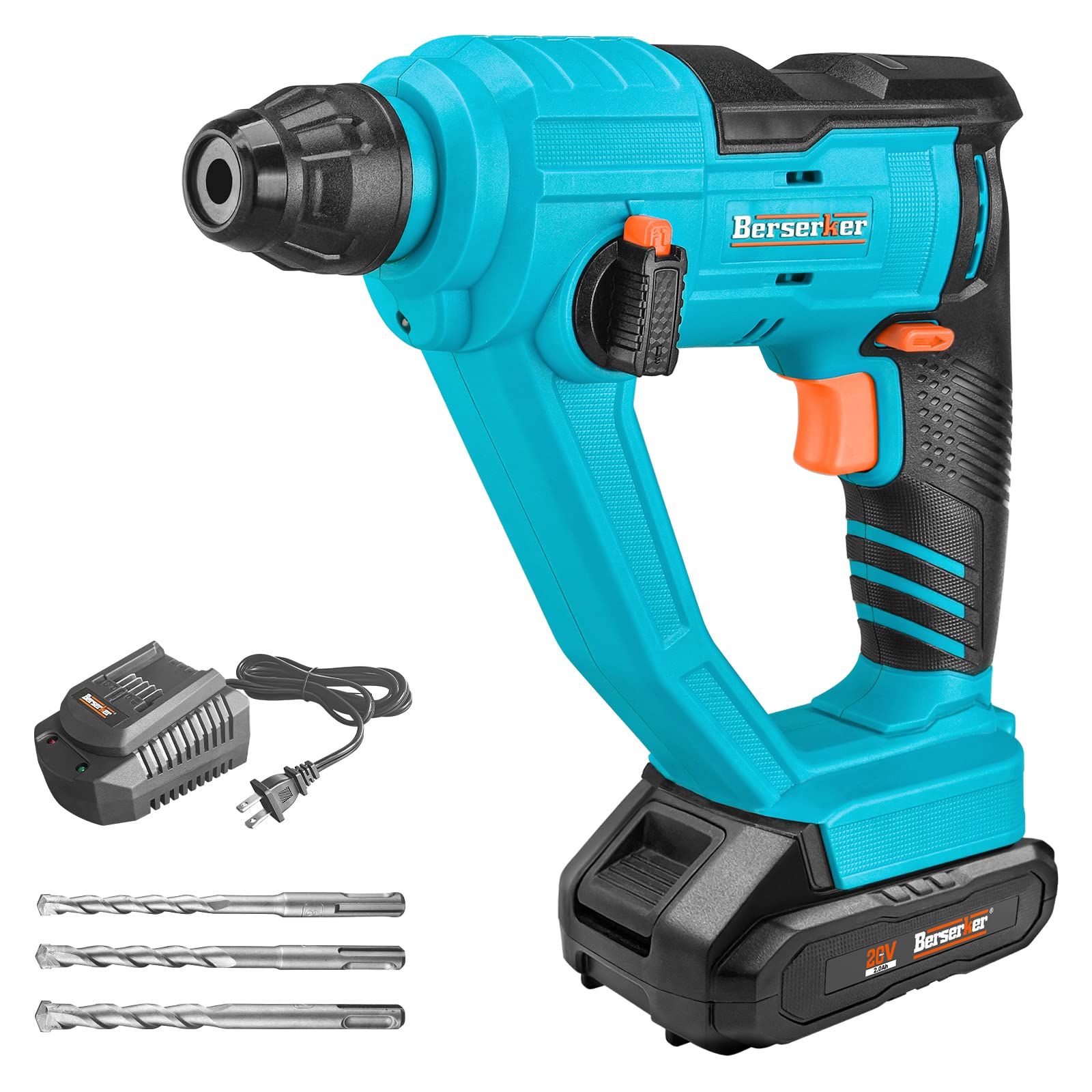 Berserker 20V Cordless 11/16" SDS-Plus Rotary Hammer Drill with 2.0Ah Lithium-Ion Battery Operated and Fast Charger, 2 Functions Variable Speed Sub-Compact Rotomartillo-Including 3 Drill Bits