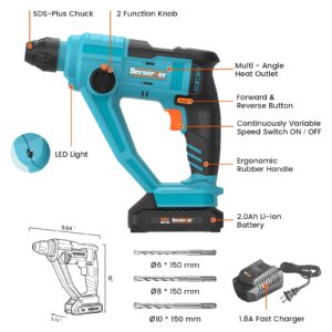 Berserker 20V Cordless 11/16" SDS-Plus Rotary Hammer Drill with 2.0Ah Lithium-Ion Battery Operated and Fast Charger, 2 Functions Variable Speed Sub-Compact Rotomartillo-Including 3 Drill Bits