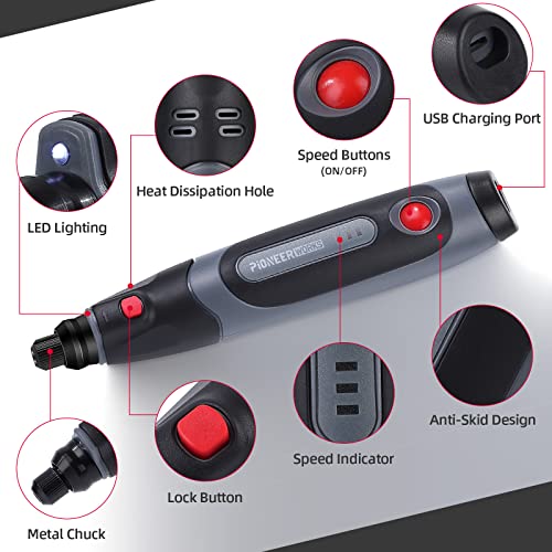 4V Mini Cordless Rotary Tool,PioneerWorks 3-Speed Power Rotary Kit With 72 Accessories,LED Light.USB Charging,For Small Light Projects as Sanding,Polishing,Engraving, DIY Crafts