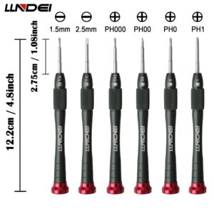 LLNDEI Mini Precision Aluminum Screwdriver Set 6 in 1, S2 Tiny Screwdrivers Set Repair Tool Kit Clocks/Watches/Eyeglasses/Laptop/PC (Slotted-1.5, 2.5mm/Phillips-PH000,PH00,PH0,PH1)