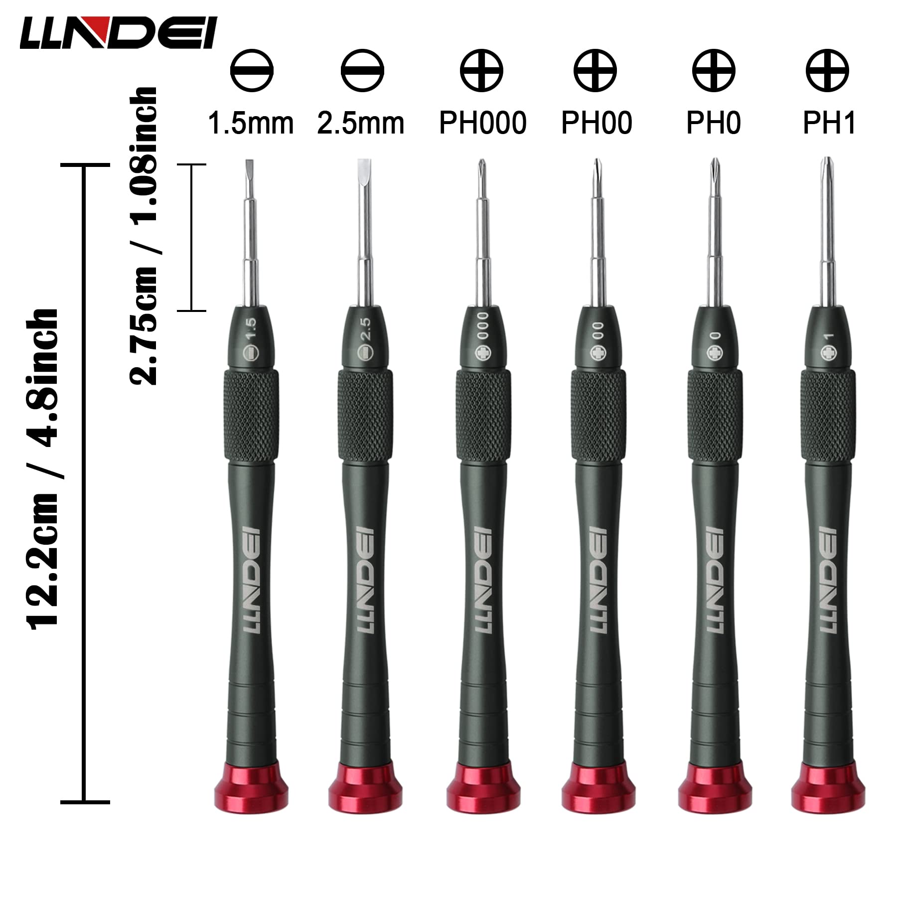 LLNDEI Mini Precision Aluminum Screwdriver Set 6 in 1, S2 Tiny Screwdrivers Set Repair Tool Kit Clocks/Watches/Eyeglasses/Laptop/PC (Slotted-1.5, 2.5mm/Phillips-PH000,PH00,PH0,PH1)