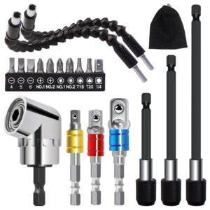 flexible drill bit extension set 19pcs - include 1/4 3/8 1/2" universal socket adapter, drill bit holder extension, hex shank 105° right angle drill attachment, bendable extension, screwdriver bit set
