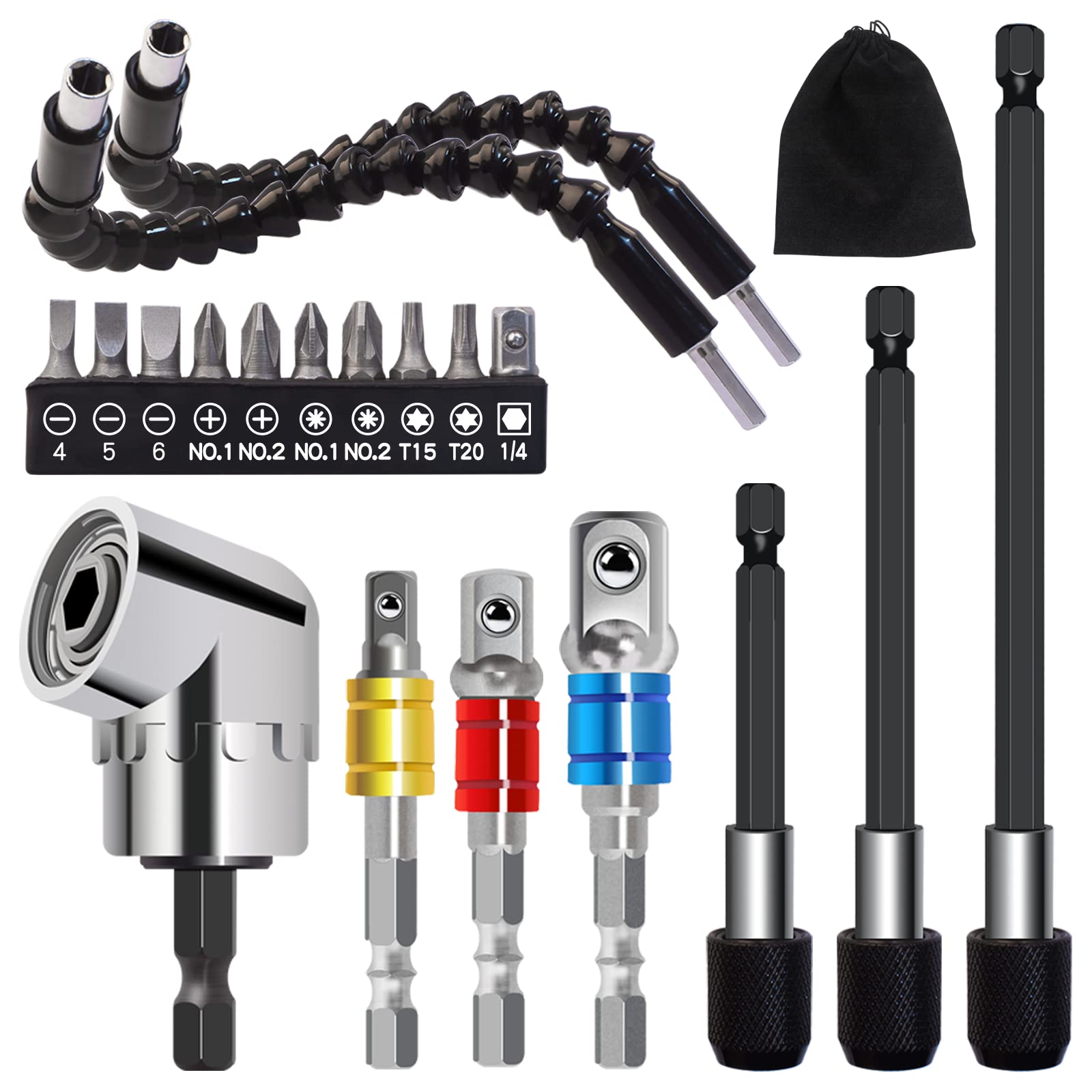 Flexible Drill Bit Extension Set 19pcs - Include 1/4 3/8 1/2" Universal Socket Adapter, Drill Bit Holder Extension, Hex Shank 105° Right Angle Drill Attachment, Bendable Extension, Screwdriver Bit Set