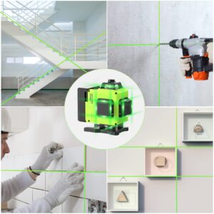 16 Lines Laser Level 360 Self Leveling, 4x360° 4D Green Beam Cross Line Lazer Level with 2 Batteries,360°Horizontal/Vertical Line Laser Remote Control for Tiling Floor Construction and Picture Hanging