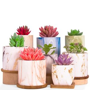 artketty succulent pots with drainage, 8 pcs succulent planters pots with bamboo trays, small marble cactus planter ceramic flower bonsai pots for indoor/outdoor decorative garden home office