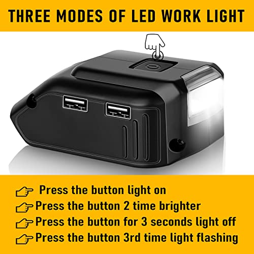 Jialipok Replace for Dewalt 20V USB Adapter Charger, DCB090 Battery Adapter with LED Work Light, DC Port & Dual USB Port, Power Source Charger for Dewalt 12V 14.4V 18V 20V Lithium-ion Battery