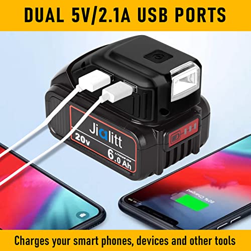 Jialipok Replace for Dewalt 20V USB Adapter Charger, DCB090 Battery Adapter with LED Work Light, DC Port & Dual USB Port, Power Source Charger for Dewalt 12V 14.4V 18V 20V Lithium-ion Battery