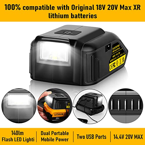 Jialipok Replace for Dewalt 20V USB Adapter Charger, DCB090 Battery Adapter with LED Work Light, DC Port & Dual USB Port, Power Source Charger for Dewalt 12V 14.4V 18V 20V Lithium-ion Battery