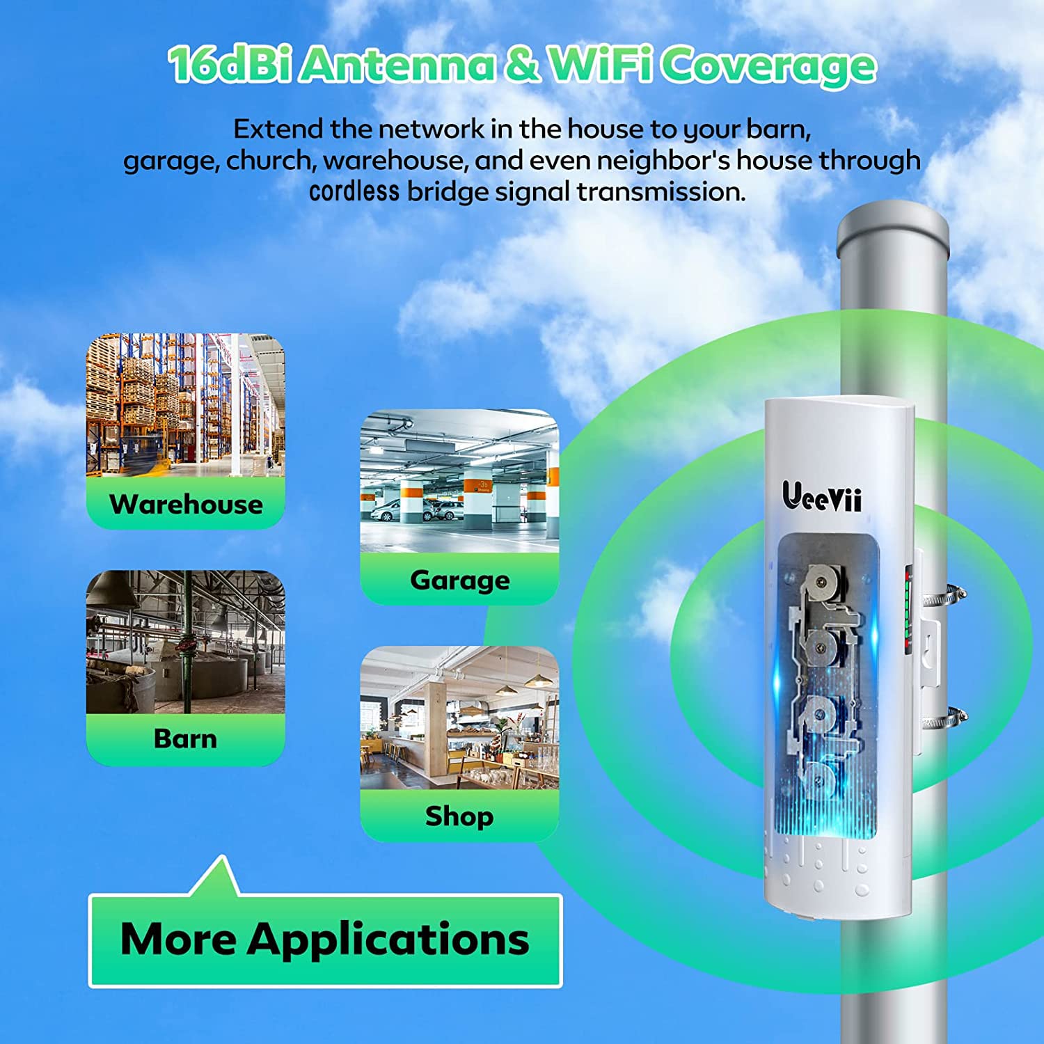 Wireless WiFi Bridge, UeeVii 5.8G Point to Point Outdoor 2KM Long Range CPE with 24V PoE Adapter 12dBi Antenna 2 * 100Mbps LAN/PoE RJ45 Port,2-Pack