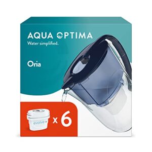aqua optima oria water filter jug & 6 x 30 day evolve+ filter cartridge, 2.8 litre capacity, for reduction of microplastics, chlorine, limescale and impurities, blue