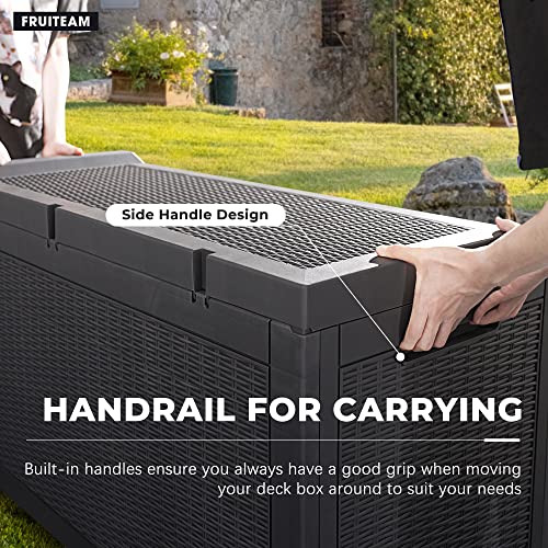 FRUITEAM 100 Gallon Patio Deck Box Outdoor Storage Box with Soft Cushion, Lockable Resin Storage Bin Weather Resistant for Patio Furniture Pillows, Pool Toys, Garden Tools