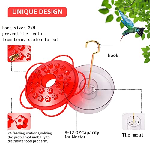 Hummingbird Feeder for Outdoors Hanging, 24 Feeding Ports, Leak-Proof, Easy to Clean and Refill, Saucer Hummer Birder Feeder with Cleaner Brush and Cloth (Red)