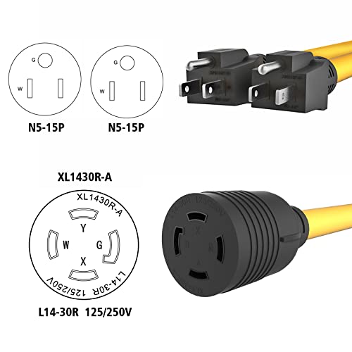 2X 5-15 Plug Male to Generator Twist Lock L14-30 Receptacle Female Y Adapter Cord STW 3 Feet 120V/240V 30 Amp Generator Welder Dryer Power Cord Adapter