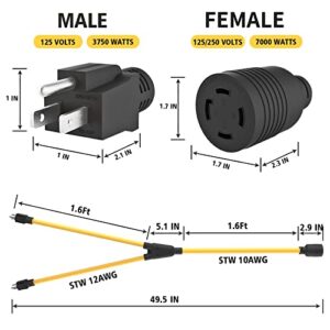 2X 5-15 Plug Male to Generator Twist Lock L14-30 Receptacle Female Y Adapter Cord STW 3 Feet 120V/240V 30 Amp Generator Welder Dryer Power Cord Adapter