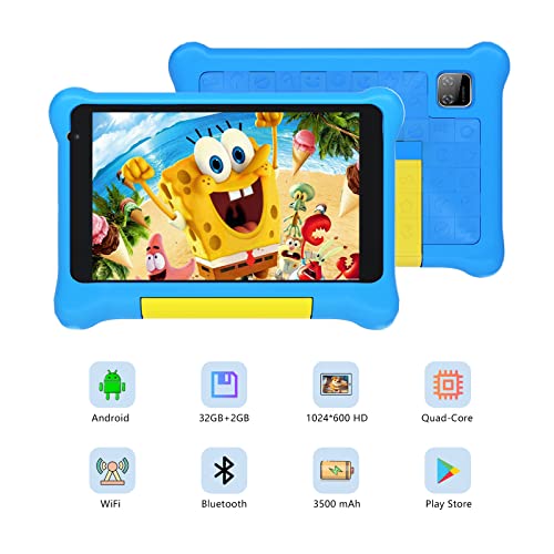 FancyDay Kids Tablet, 7 inch Tablet for Kids with Parental Control, Kidoz Installed, 2GB RAM+32GB ROM Android 12 System, Dual Camera, Toddler Tablet with Protective Case (Blue)