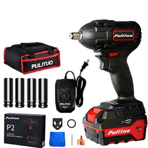 pulituo cordless impact wrench 1/2 inch, 20v electric brushless impact driver kit w/ 4.0a li-ion battery, 4 pcs drive impact sockets and 1 hour fast charger, high torque impact gun 300ft-lb(400n.m)