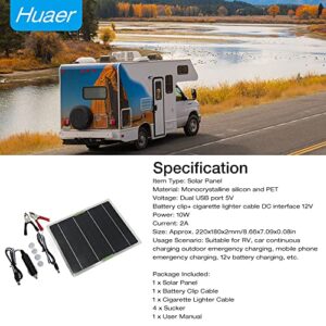 Akozon Solar Battery, 10W Portable Solar Panel Solar Powered with Dual USB Port for Car RV Accessories