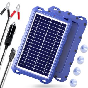 powoxi 10w 12v solar battery charger& maintainer，waterproof solar panel trickle charger with cigarette lighter & alligator clips for car, rv, boat, motor, lawn mower（blue）