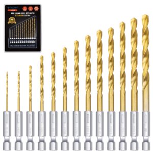 ticonn 13 pcs titanium coated drill bit set with hex shank, 135 degree tip high speed steel drill bits kit for steel, aluminum, copper, soft alloy steel size from 1/16" to 1/4"
