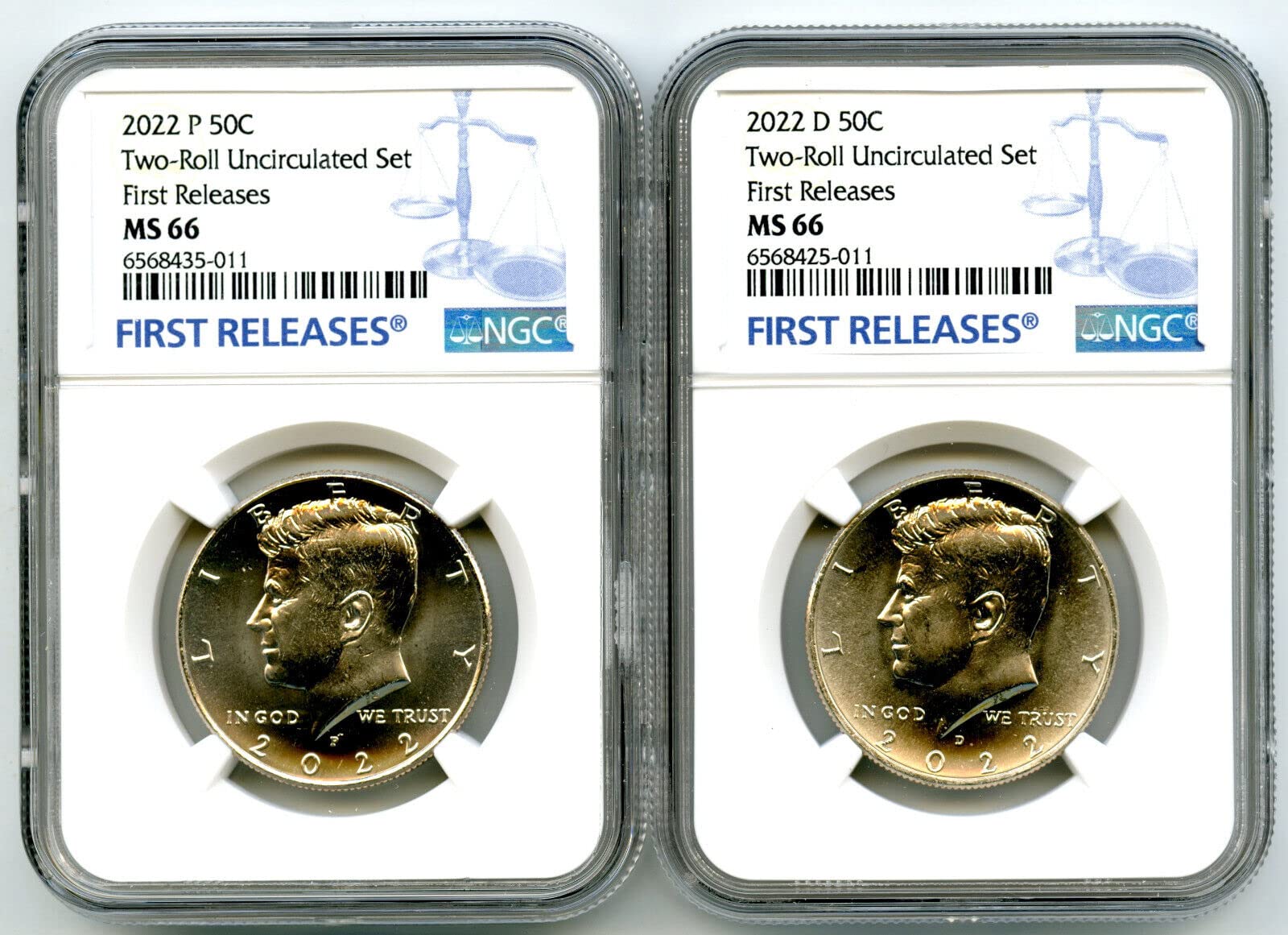 2022 P D US MINT Kennedy Clad Half Dollar MATCHING 2 COIN FIRST RELEASES SET Half Dollar NGC MS66