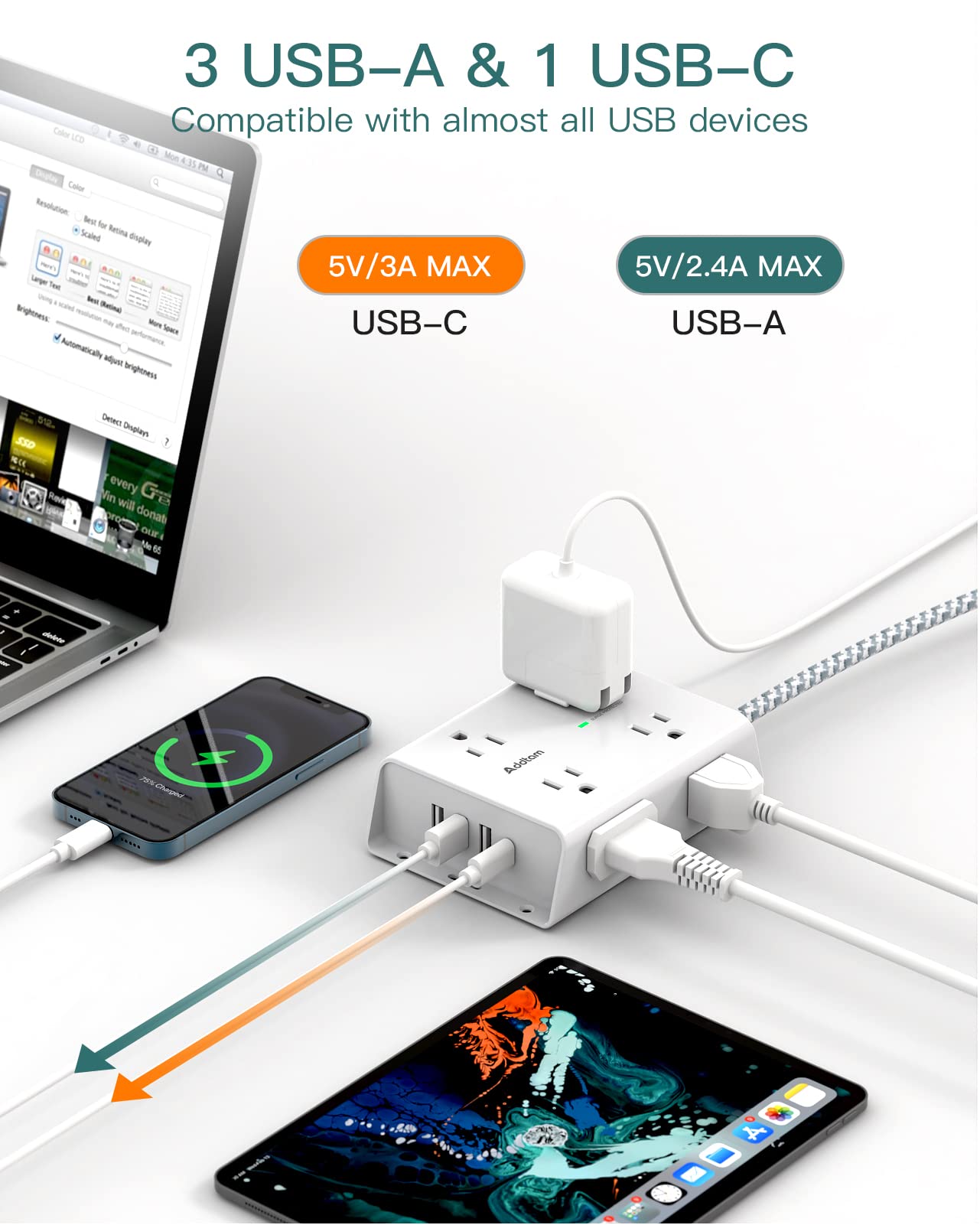 Surge Protector Power Strip, 8 Widely Outlets with 4 USB Ports(1 USB C Outlet) and Outlet Extender with USB C, Essential for Dorm Home Office, ETL Listed