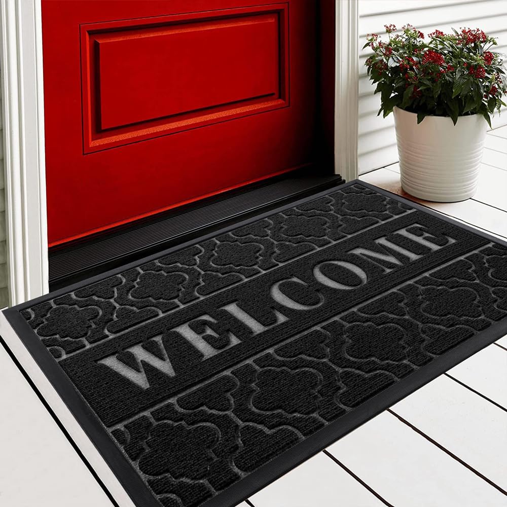 Yimobra Welcome Door Mat, Heavy Duty Durable Front Door Mat for Home Entrance, Garage and Garden Outside Entryway Floor Mat, Non Slip, Fade Resistant, Easy Clean, 29.5 x 17 Inch, Black