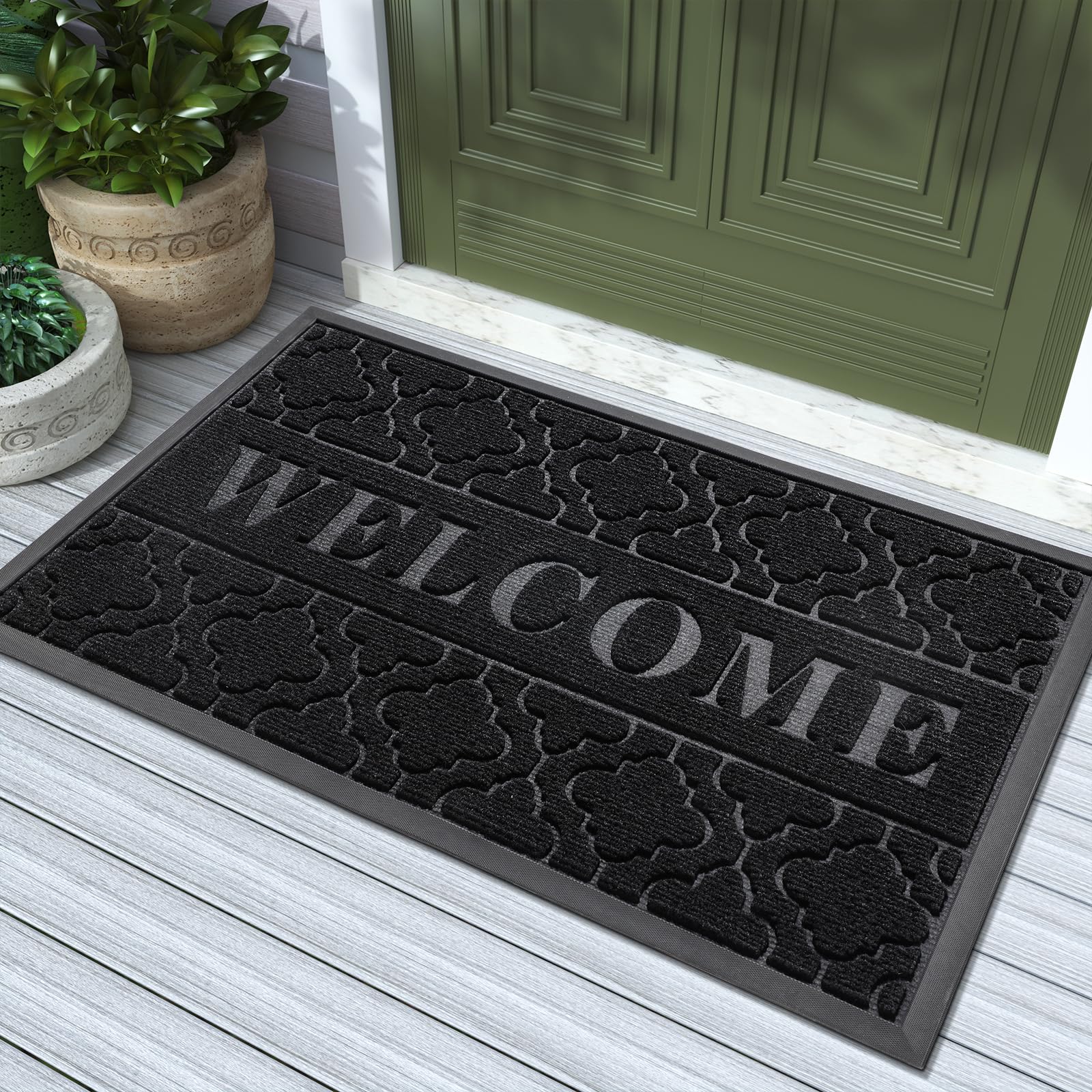 Yimobra Welcome Door Mat, Heavy Duty Durable Front Door Mat for Home Entrance, Garage and Garden Outside Entryway Floor Mat, Non Slip, Fade Resistant, Easy Clean, 29.5 x 17 Inch, Black