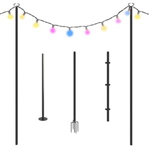 aoxun outdoor string light poles, 8 ft metal poles with hooks-2 pack, hang up lights led solar bulbs, heavy duty patio stand & hanger for outside, deck, garden, bistro, wedding