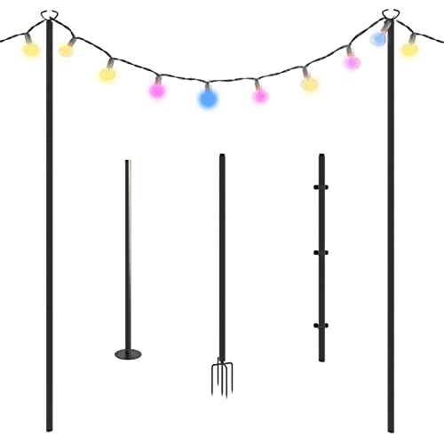 Aoxun Outdoor String Light Poles, 8 FT Metal Poles with Hooks-2 Pack, Hang Up Lights LED Solar Bulbs, Heavy Duty Patio Stand & Hanger for Outside, Deck, Garden, Bistro, Wedding