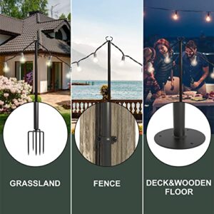 Aoxun Outdoor String Light Poles, 8 FT Metal Poles with Hooks-2 Pack, Hang Up Lights LED Solar Bulbs, Heavy Duty Patio Stand & Hanger for Outside, Deck, Garden, Bistro, Wedding