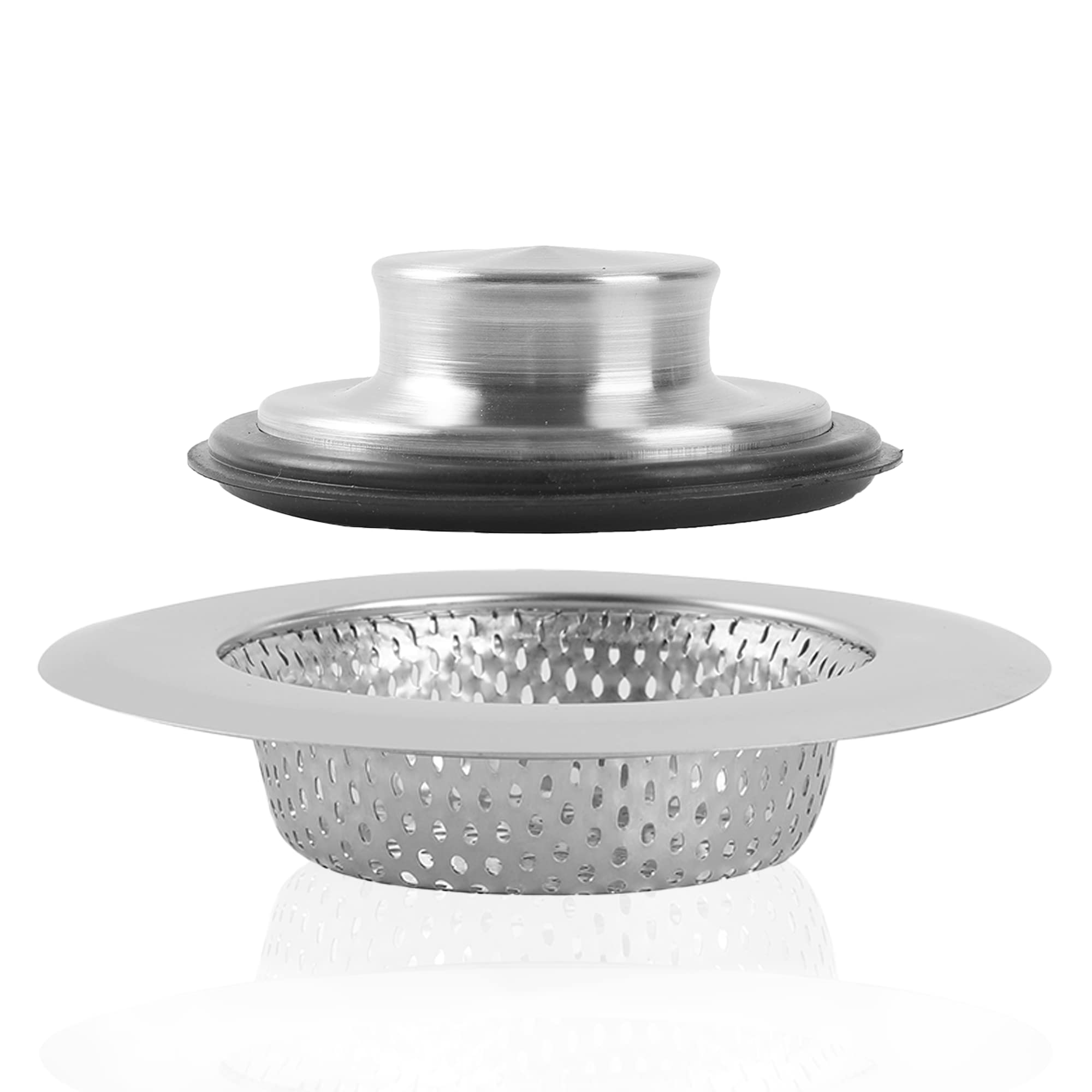 (Combo Pack) Stainless Steel Kitchen Sink Strainer and Stopper - 4.5” x 2.75” x 1” Strainer and 3.35” x 1.18” Stopper- Strainer with 2 mm Holes and Stopper with Strong Rubber Seal and Round Knob Grip